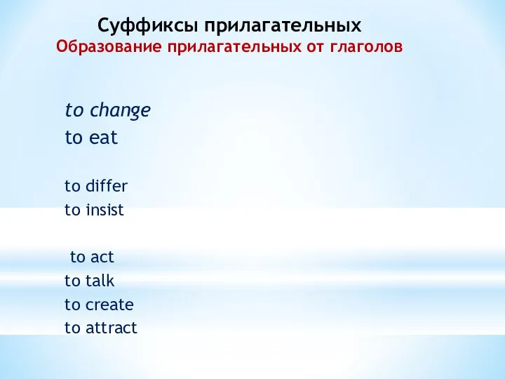 Суффиксы прилагательных Образование прилагательных от глаголов to change to eat to