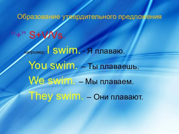 Образование утвердительного предложения “+” S+V/Vs. например: I swim. - Я плаваю.