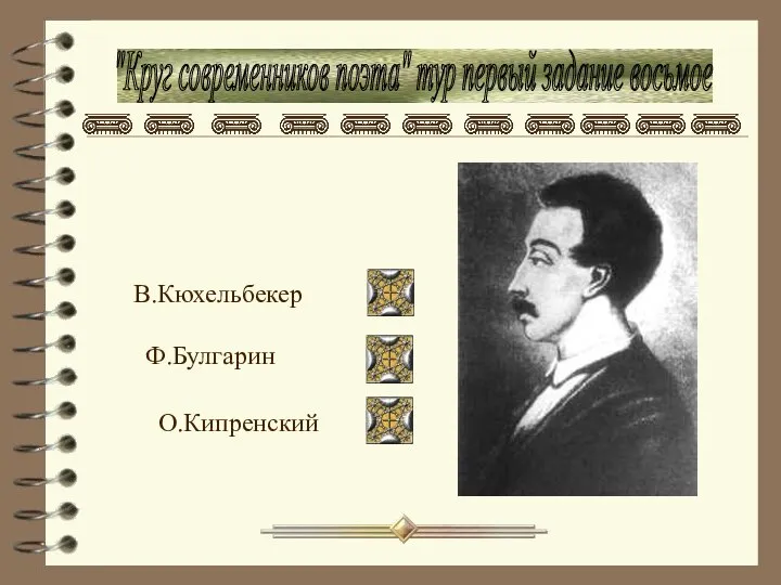 "Круг современников поэта" тур первый задание восьмое В.Кюхельбекер Ф.Булгарин О.Кипренский