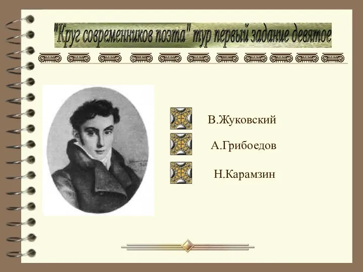 "Круг современников поэта" тур первый задание девятое В.Жуковский А.Грибоедов Н.Карамзин