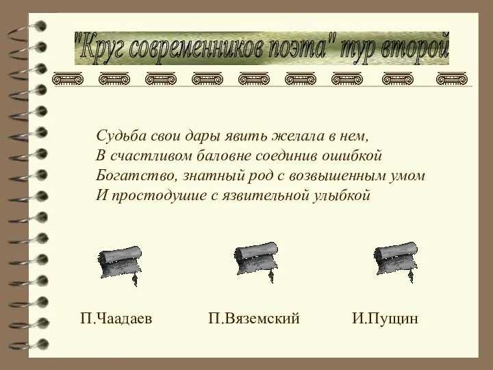 "Круг современников поэта" тур второй Судьба свои дары явить желала в