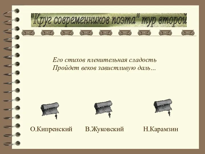 "Круг современников поэта" тур второй Его стихов пленительная сладость Пройдет веков завистливую даль… Н.Карамзин В.Жуковский О.Кипренский