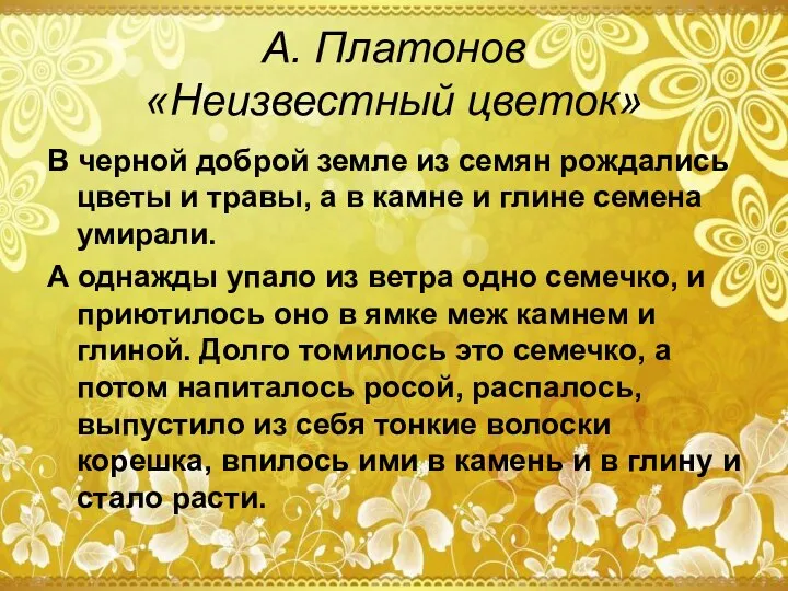 А. Платонов «Неизвестный цветок» В черной доброй земле из семян рождались