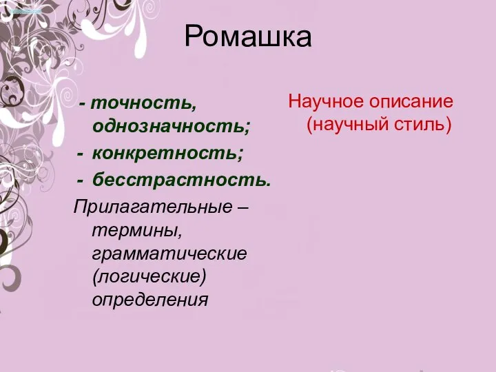 Ромашка - точность, однозначность; конкретность; бесстрастность. Прилагательные – термины, грамматические (логические) определения Научное описание (научный стиль)