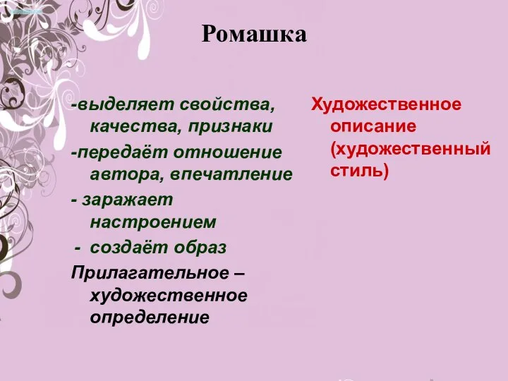 Ромашка -выделяет свойства, качества, признаки -передаёт отношение автора, впечатление - заражает