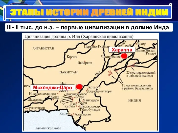 ЭТАПЫ ИСТОРИИ ДРЕВНЕЙ ИНДИИ III- II тыс. до н.э. – первые