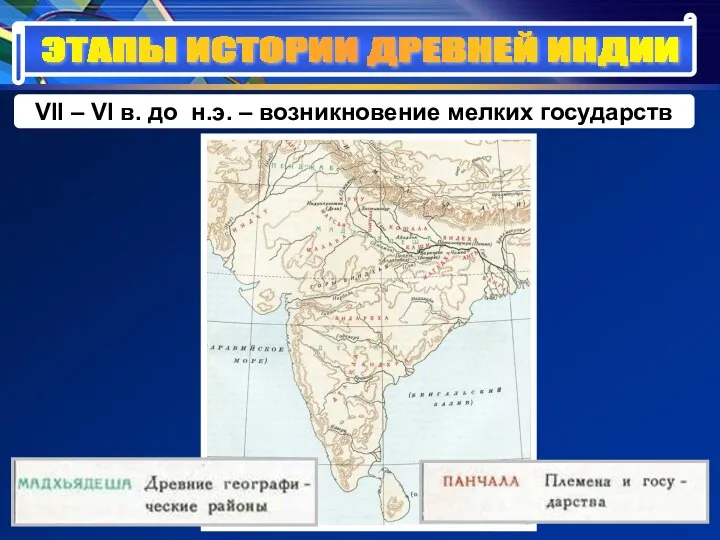 ЭТАПЫ ИСТОРИИ ДРЕВНЕЙ ИНДИИ VII – VI в. до н.э. – возникновение мелких государств