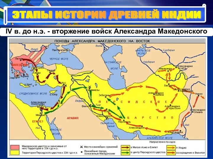 ЭТАПЫ ИСТОРИИ ДРЕВНЕЙ ИНДИИ IV в. до н.э. - вторжение войск Александра Македонского