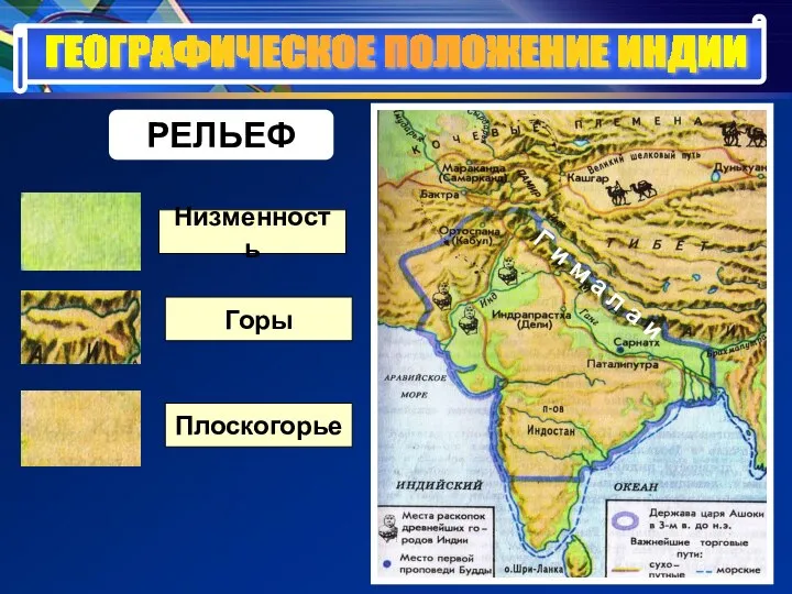 ГЕОГРАФИЧЕСКОЕ ПОЛОЖЕНИЕ ИНДИИ РЕЛЬЕФ Низменность Горы Плоскогорье Г и м а л а и