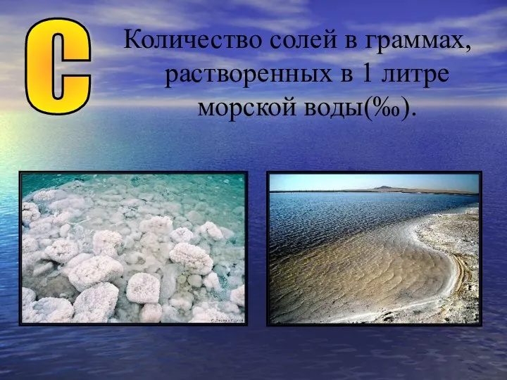 Количество солей в граммах, растворенных в 1 литре морской воды(‰). С