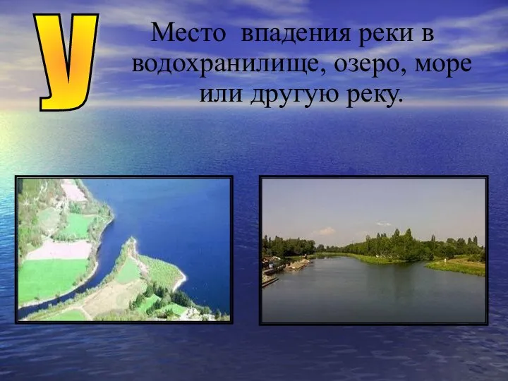 Место впадения реки в водохранилище, озеро, море или другую реку. У