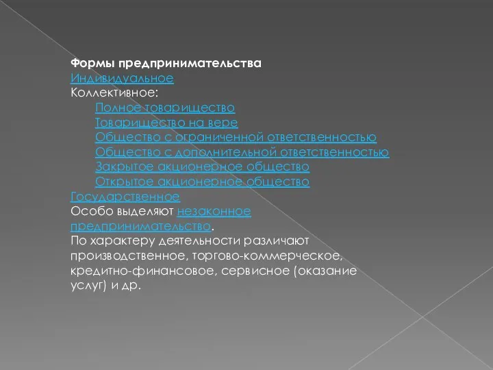 Формы предпринимательства Индивидуальное Коллективное: Полное товарищество Товарищество на вере Общество с