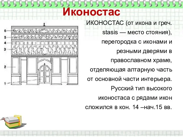 Иконостас ИКОНОСТАС (от икона и греч. stasis — место стояния), перегородка