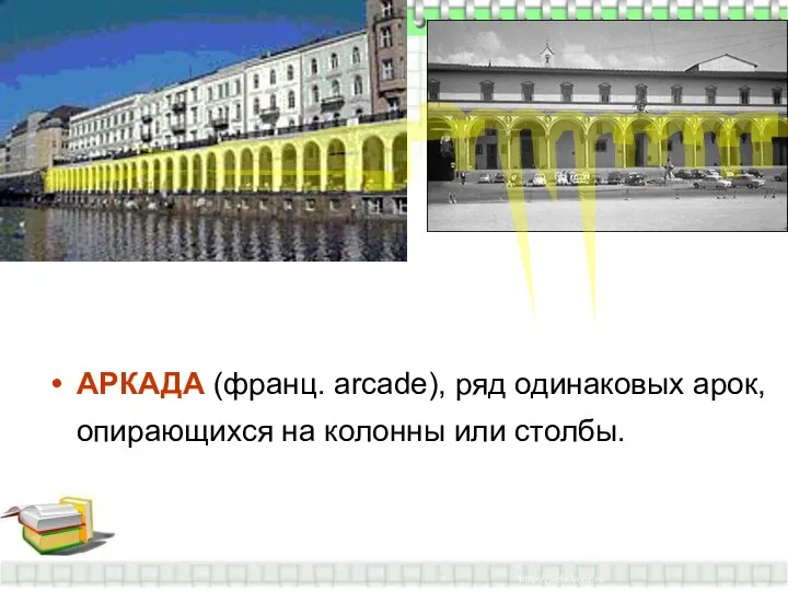 АРКАДА (франц. arcade), ряд одинаковых арок, опирающихся на колонны или столбы.