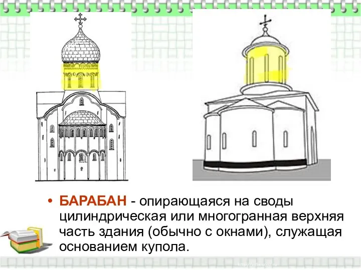 БАРАБАН - опирающаяся на своды цилиндрическая или многогранная верхняя часть здания
