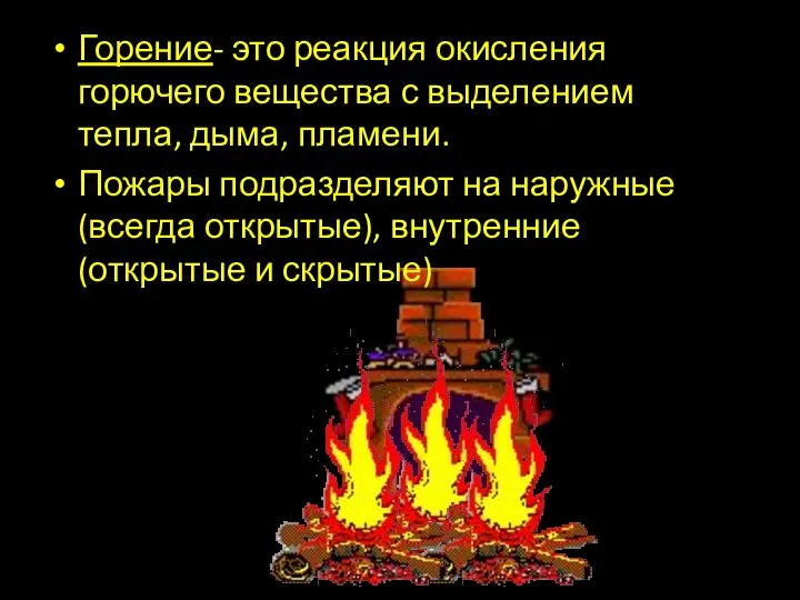 Горение- это реакция окисления горючего вещества с выделением тепла, дыма, пламени.