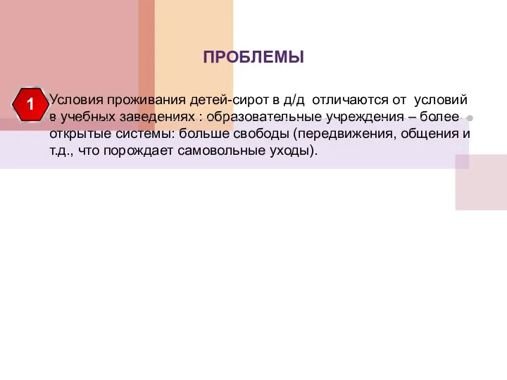 ПРОБЛЕМЫ Условия проживания детей-сирот в д/д отличаются от условий в учебных