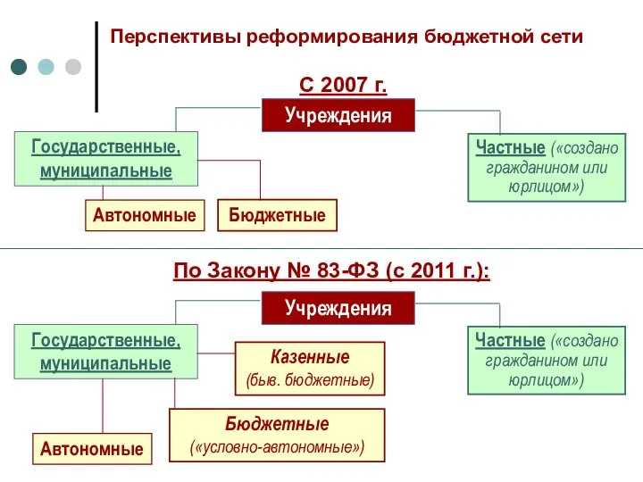 Перспективы реформирования бюджетной сети Учреждения Государственные, муниципальные Частные («создано гражданином или