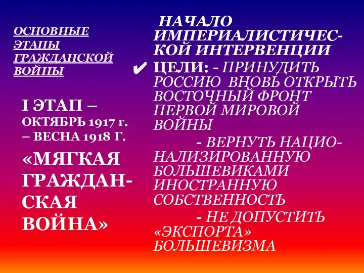 ОСНОВНЫЕ ЭТАПЫ ГРАЖДАНСКОЙ ВОЙНЫ НАЧАЛО ИМПЕРИАЛИСТИЧЕС-КОЙ ИНТЕРВЕНЦИИ ЦЕЛИ: - ПРИНУДИТЬ РОССИЮ