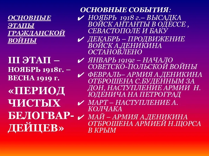 ОСНОВНЫЕ ЭТАПЫ ГРАЖДАНСКОЙ ВОЙНЫ ОСНОВНЫЕ СОБЫТИЯ: НОЯБРЬ 1918 г.– ВЫСАДКА ВОЙСК