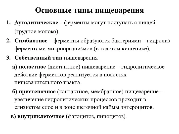 Основные типы пищеварения Аутолитическое – ферменты могут поступать с пищей (грудное