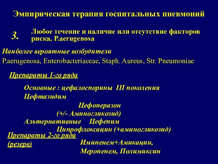 Эмпирическая терапия госпитальных пневмоний Любое течение и наличие или отсутствие факторов