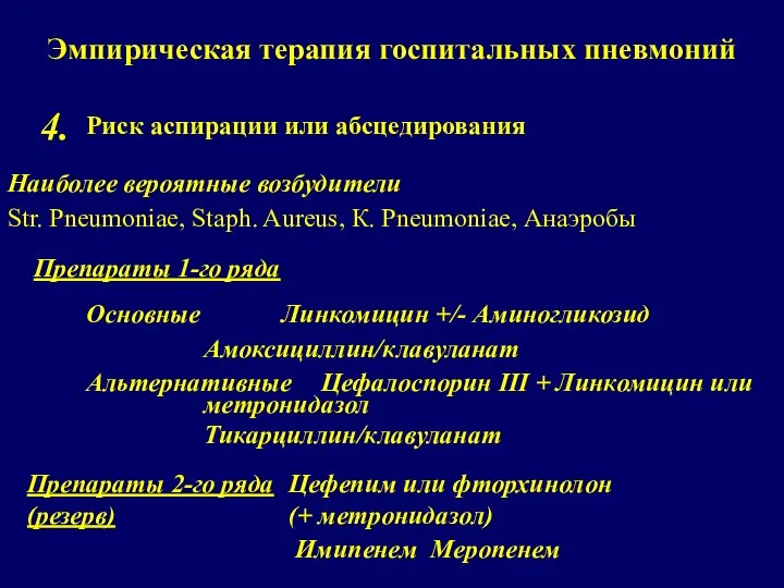 Эмпирическая терапия госпитальных пневмоний Риск аспирации или абсцедирования 4. Наиболее вероятные