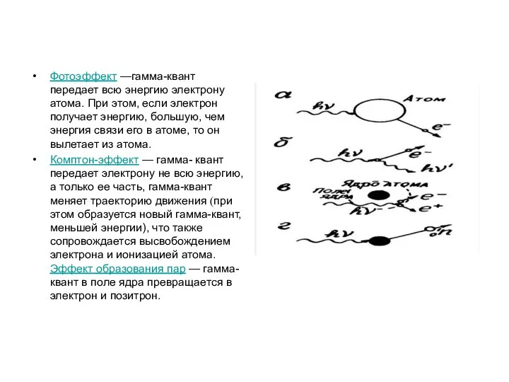 Фотоэффект —гамма-квант передает всю энергию электрону атома. При этом, если электрон