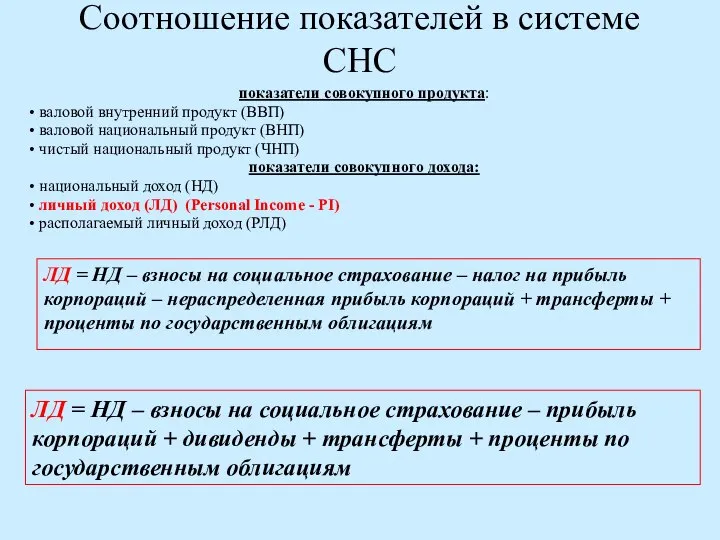 Соотношение показателей в системе СНС показатели совокупного продукта: валовой внутренний продукт