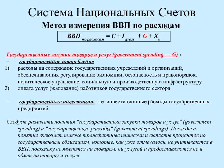 Система Национальных Счетов Метод измерения ВВП по расходам Государственные закупки товаров