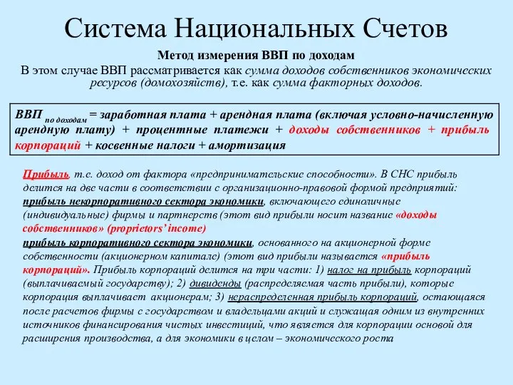 Система Национальных Счетов Метод измерения ВВП по доходам В этом случае