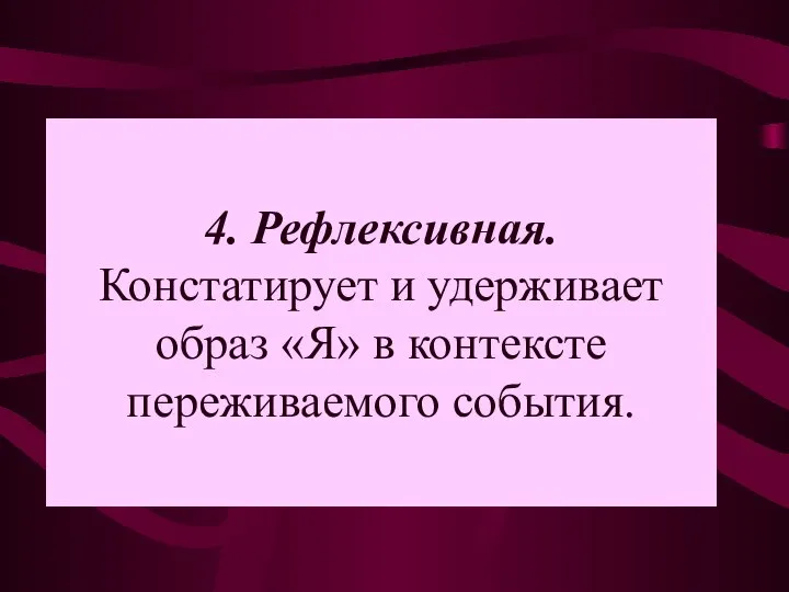 4. Рефлексивная. Констатирует и удерживает образ «Я» в контексте переживаемого события.