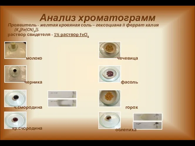 Анализ хроматограмм Проявитель - желтая кровяная соль – гексоциана II феррат