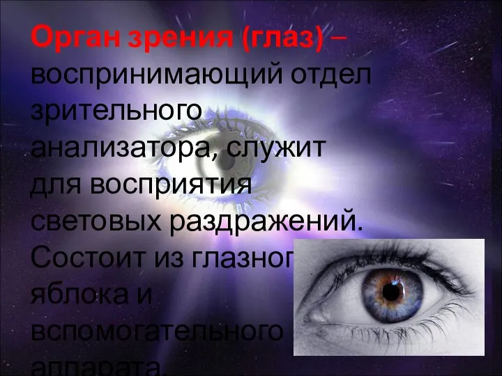 Орган зрения (глаз) –воспринимающий отдел зрительного анализатора, служит для восприятия световых