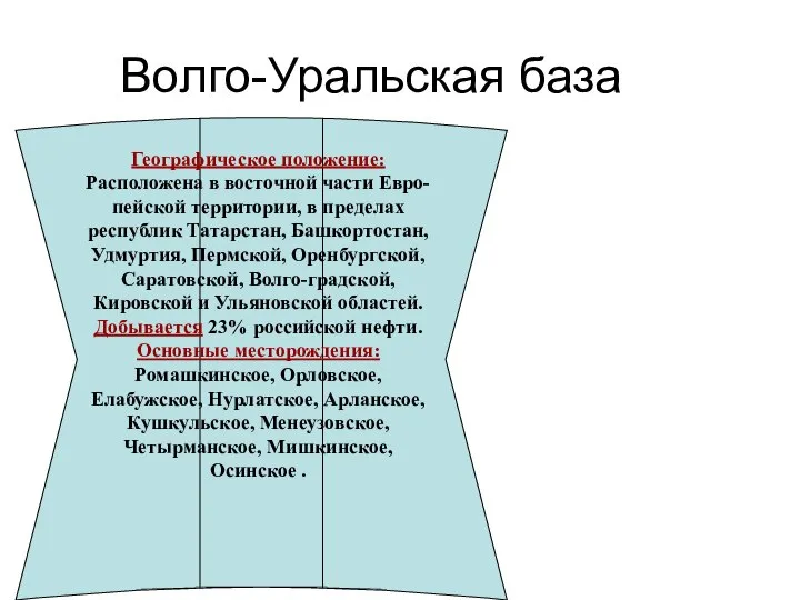 Волго-Уральская база Географическое положение: Расположена в восточной части Евро-пейской территории, в