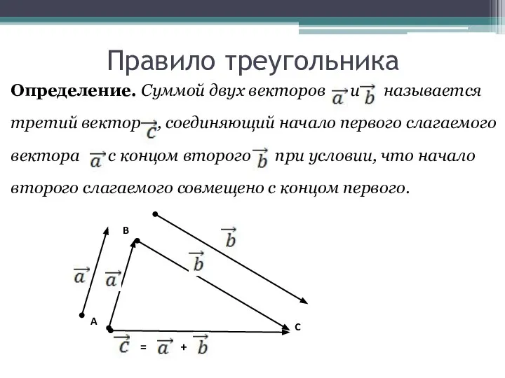 Правило треугольника Определение. Суммой двух векторов и называется третий вектор ,