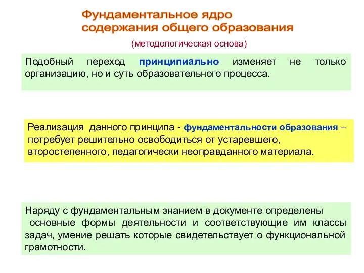 Фундаментальное ядро содержания общего образования (методологическая основа) Подобный переход принципиально изменяет