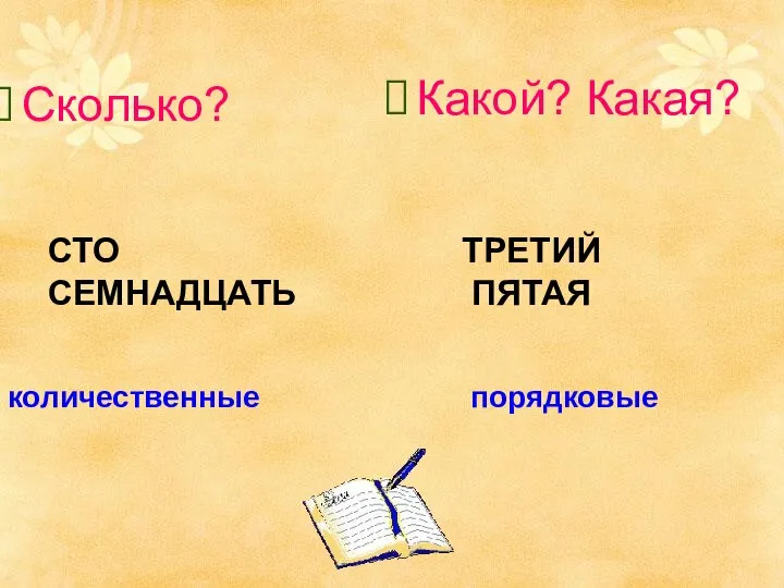 Сколько? Какой? Какая? СТО СЕМНАДЦАТЬ ТРЕТИЙ ПЯТАЯ количественные порядковые