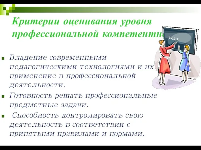 Критерии оценивания уровня профессиональной компетентности Владение современными педагогическими технологиями и их