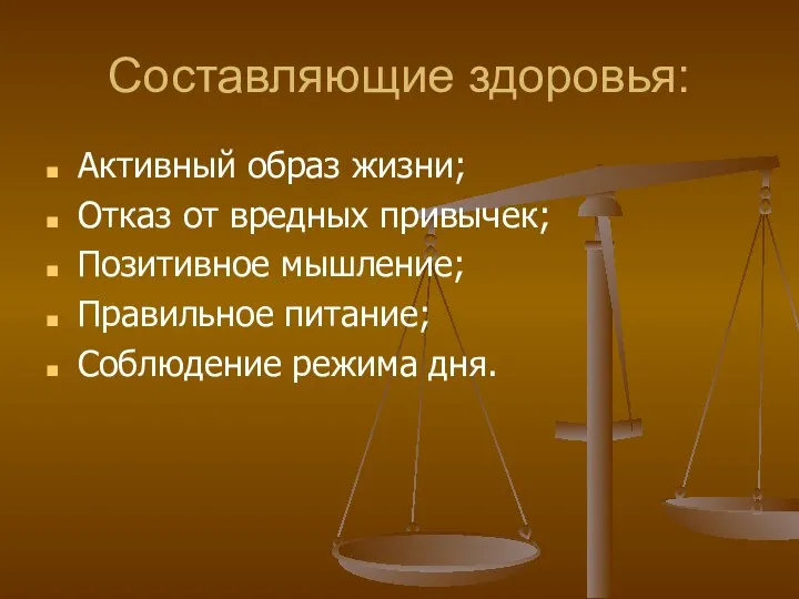 Составляющие здоровья: Активный образ жизни; Отказ от вредных привычек; Позитивное мышление; Правильное питание; Соблюдение режима дня.