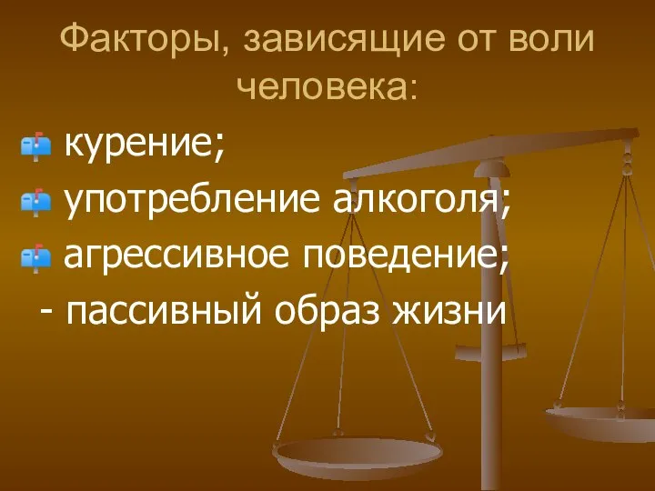 Факторы, зависящие от воли человека: курение; употребление алкоголя; агрессивное поведение; - пассивный образ жизни