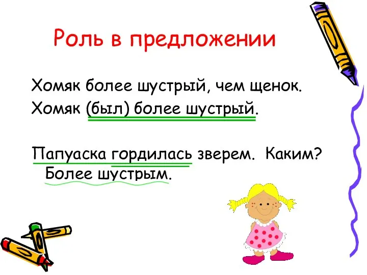 Роль в предложении Хомяк более шустрый, чем щенок. Хомяк (был) более