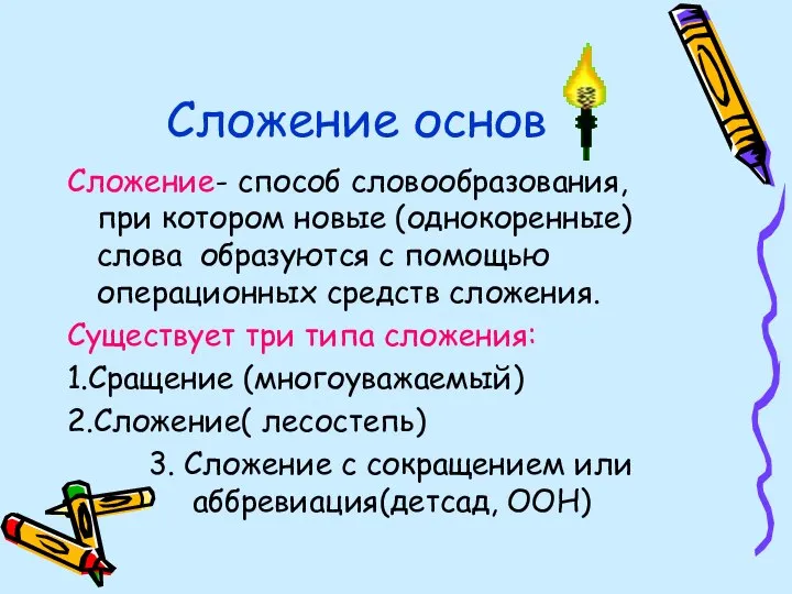 Сложение основ Сложение- способ словообразования, при котором новые (однокоренные) слова образуются