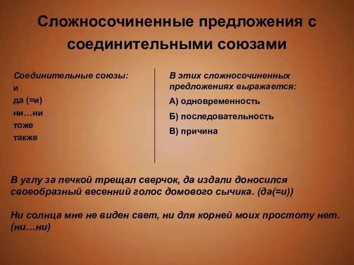 Сложносочиненные предложения с соединительными союзами Соединительные союзы: и да (=и) ни…ни