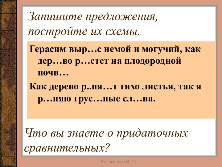 Воловичева Н. П. Запишите предложения, постройте их схемы. Герасим выр…с немой