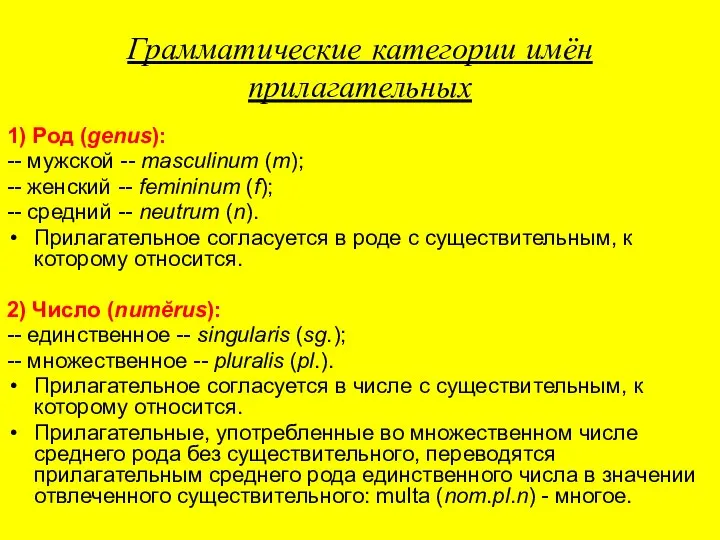 Грамматические категории имён прилагательных 1) Род (genus): -- мужской -- masculinum