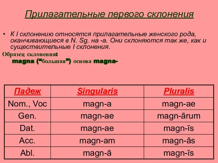 Прилагательные первого склонения К I склонению относятся прилагательные женского рода, оканчивающиеся