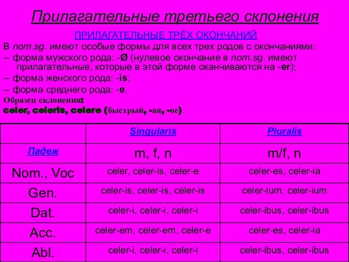 Прилагательные третьего склонения ПРИЛАГАТЕЛЬНЫЕ ТРЁХ ОКОНЧАНИЙ В nom.sg. имеют особые формы