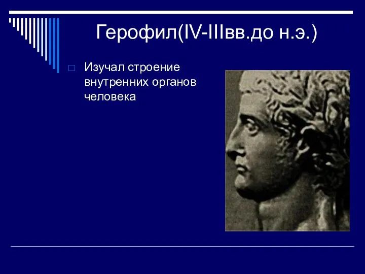 Герофил(IV-IIIвв.до н.э.) Изучал строение внутренних органов человека