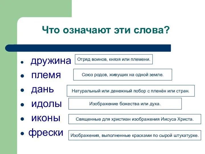 Что означают эти слова? дружина племя дань идолы иконы фрески Отряд